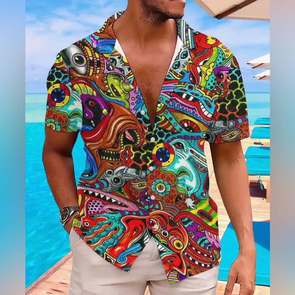 Colorful Animal Abstract Short Sleeve Shirt w Lapel Collar (XL)